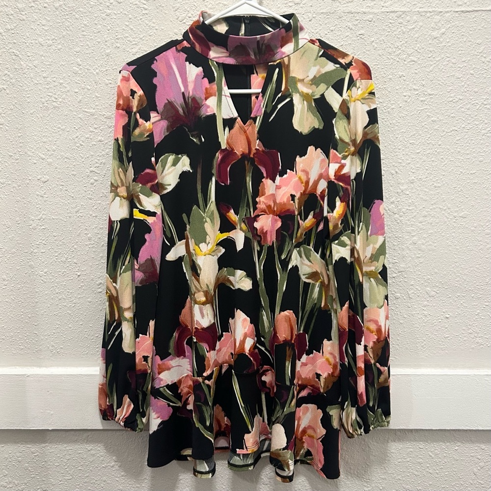 DENNIS by Dennis Basso Iris Floral Black Halter Tunic Blouse Size Small